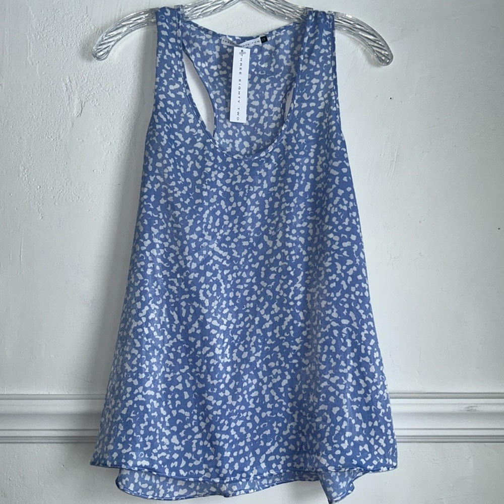Three Eighty Two Scoop Neck Racerback Tank Top Blue & White Spotted Size XS NWT